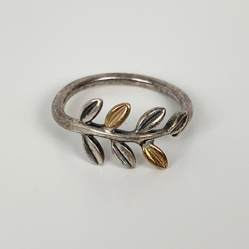 Pandora Two Tone Sterling Silver Laurel Leaf Ring Sz 6 Vtg S925 ALE Retired